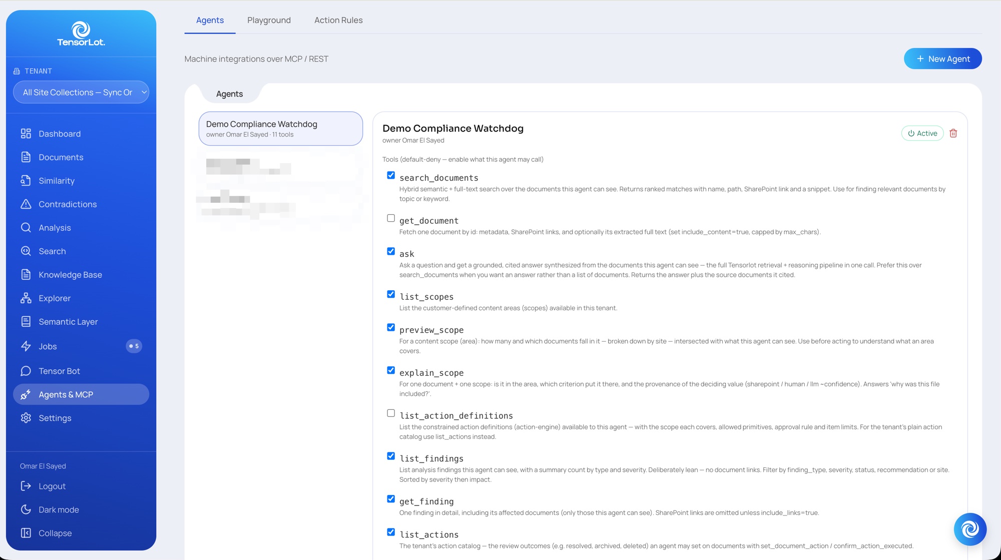 TensorLot console — Agents tab: default-deny tool allow-list for the agent “Demo Compliance Watchdog”