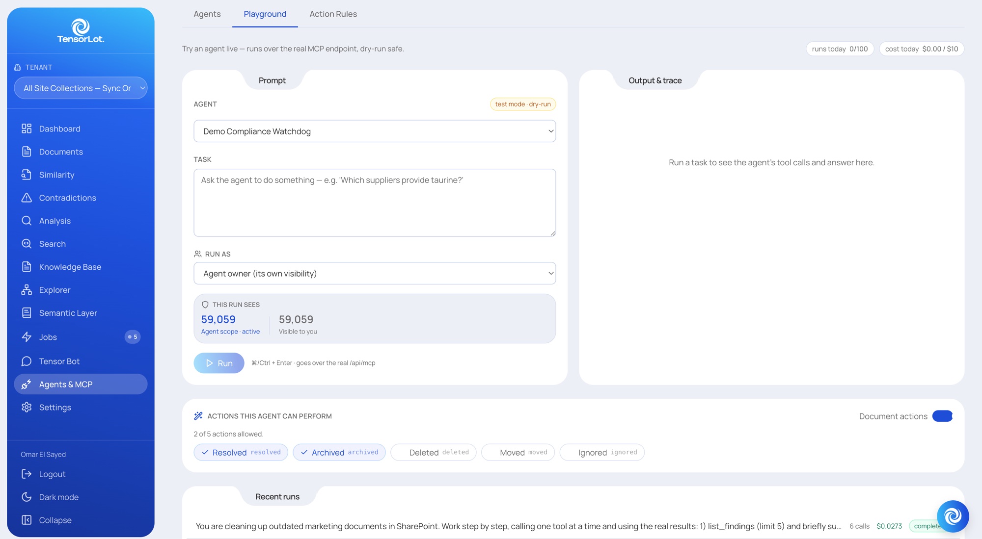 TensorLot console — Playground: dry-run a task over the real MCP endpoint, with scope and allowed actions