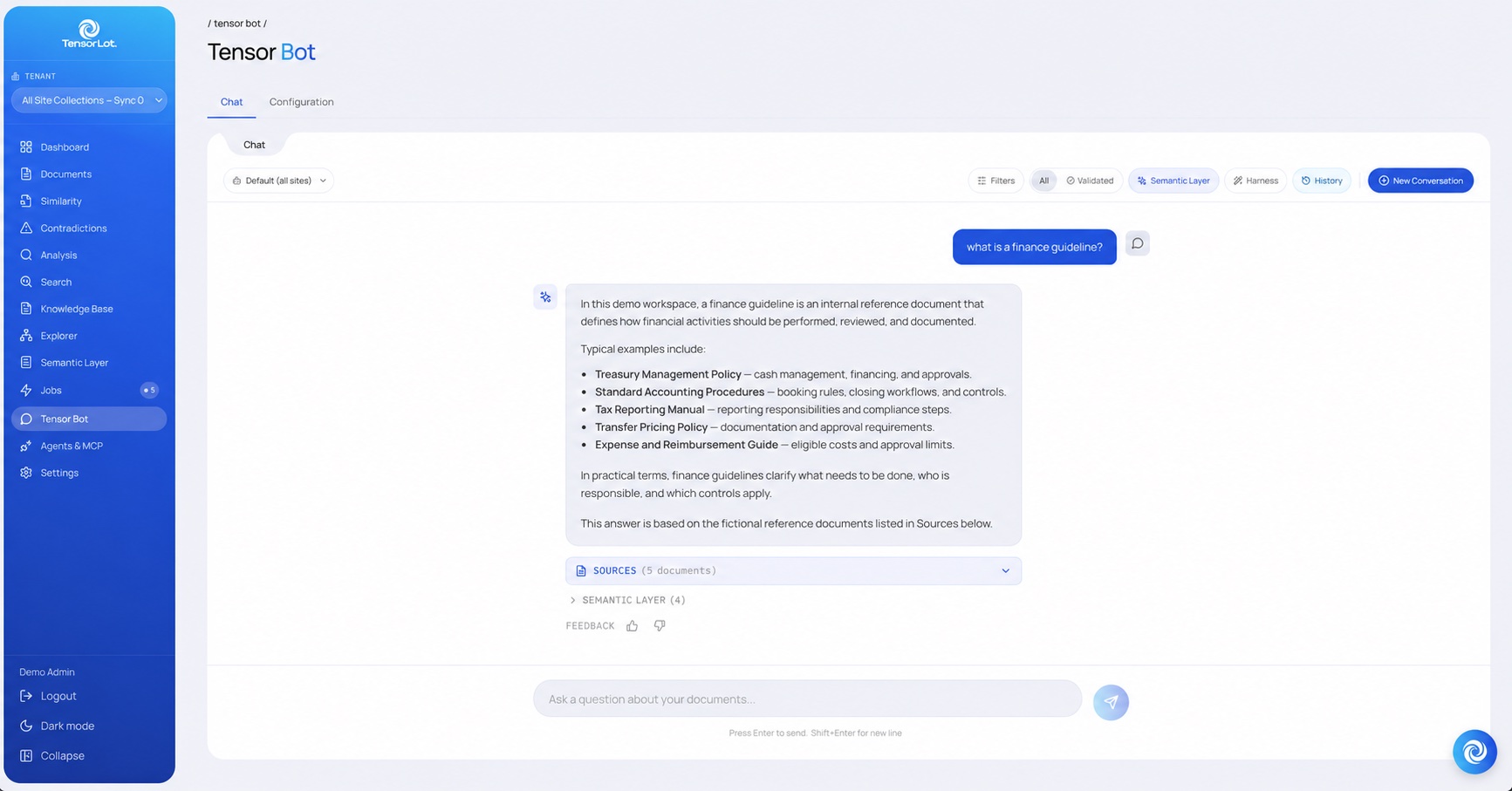 TensorLot console — Tensor Bot chat: a grounded answer with a Sources panel (5 documents) and the semantic layer used